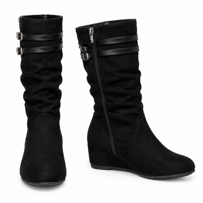 Damen Retro Wildleder Slouchy Kniestiefel Bequeme Flache Doppelschnalle Stiefel
