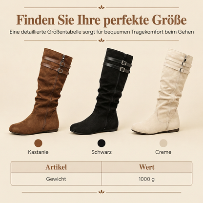 Damen Retro Wildleder Slouchy Kniestiefel Bequeme Flache Doppelschnalle Stiefel