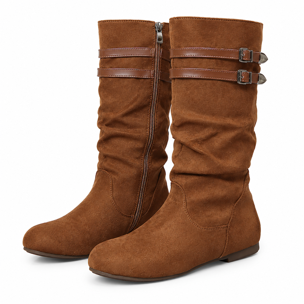 Damen Retro Wildleder Slouchy Kniestiefel Bequeme Flache Doppelschnalle Stiefel